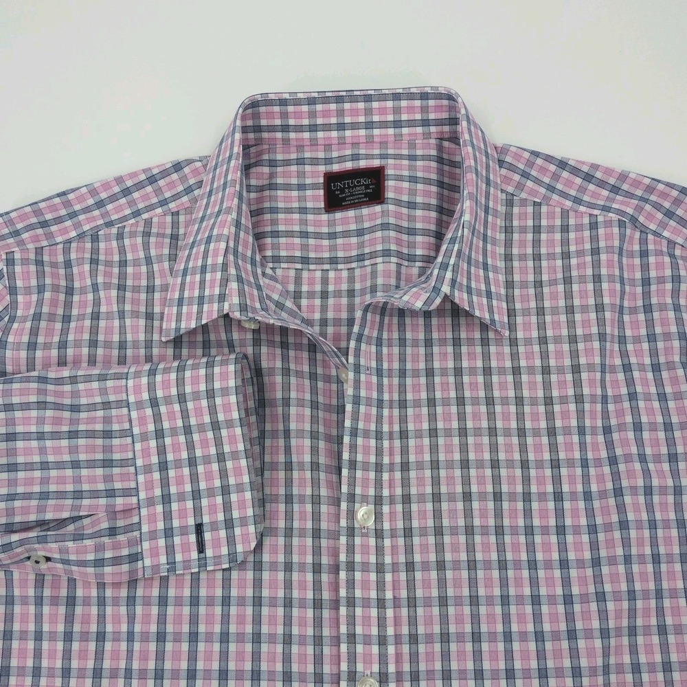 UNTUCKit Button Down Shirt Mens XL Slim Fit Blue Pink Plaid Wrinkle Free Cotton